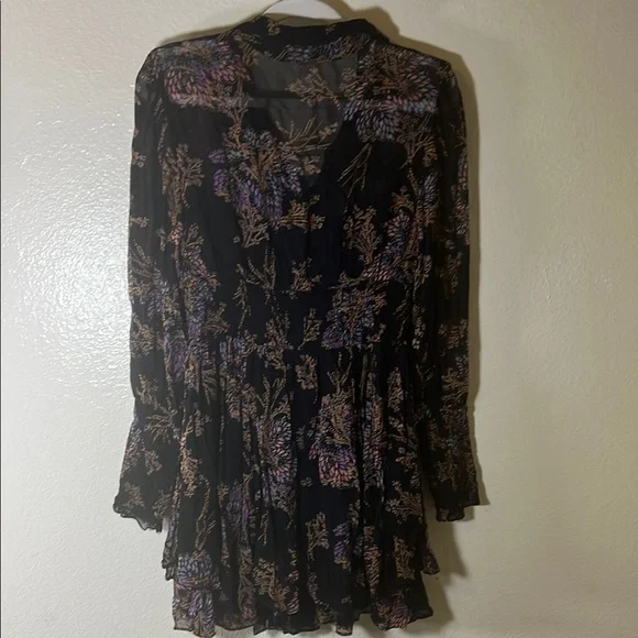 Free people Long sleeve black print Ruffled Tiered Dress size S - Picture 5 of 11